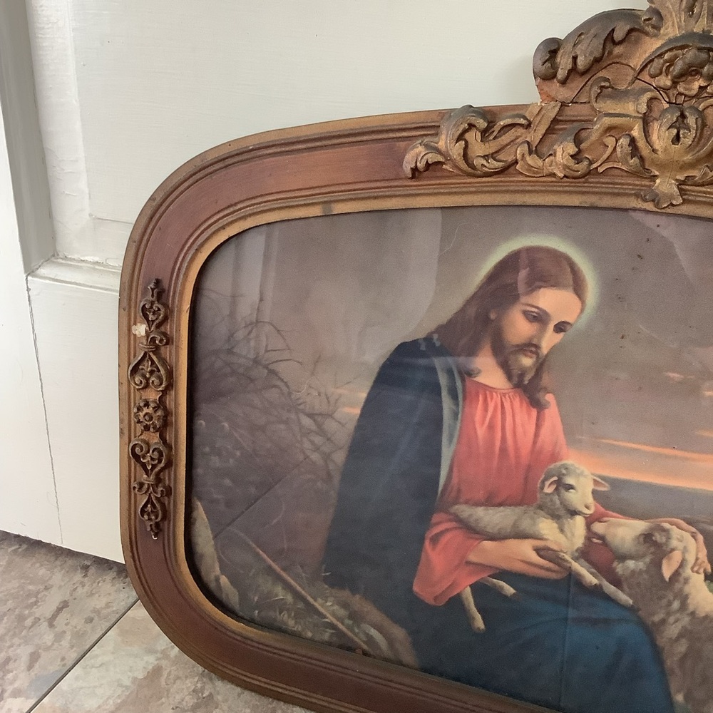Jesus Lamb Print Gorgeous Antique Wood Oval Frame - Picture 5 of 8